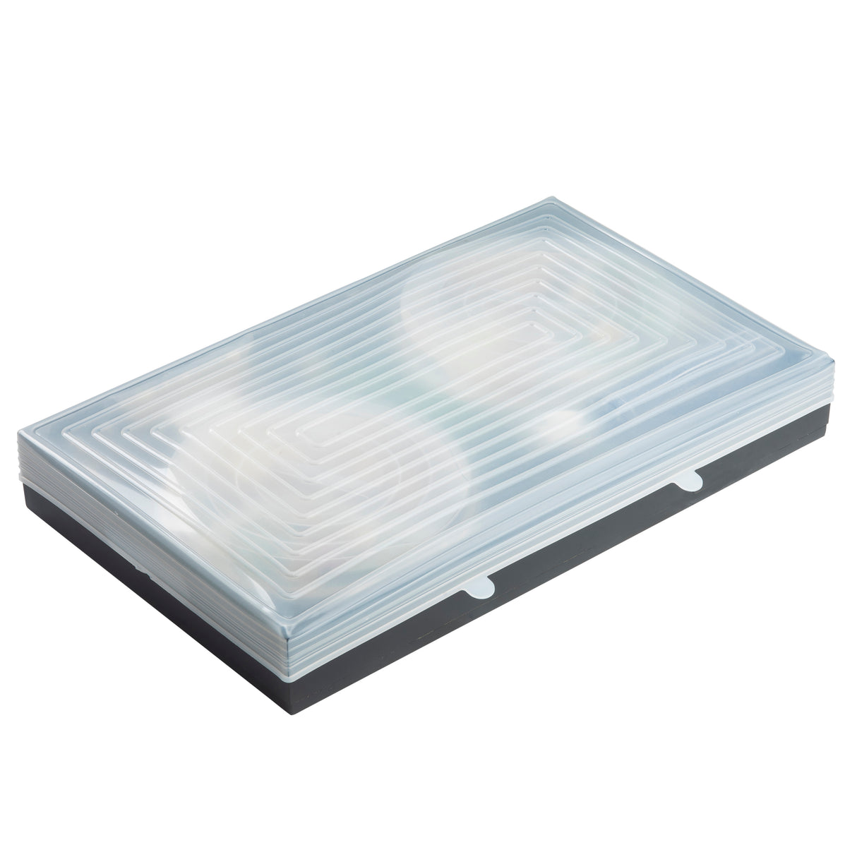 A rectangular, transparent plastic case with a ribbed texture and a dark base, shown closed. Reminiscent of the TableCraft 10776 full size wood crate cover, it appears to contain circular objects visible through the clean, reflective lid.