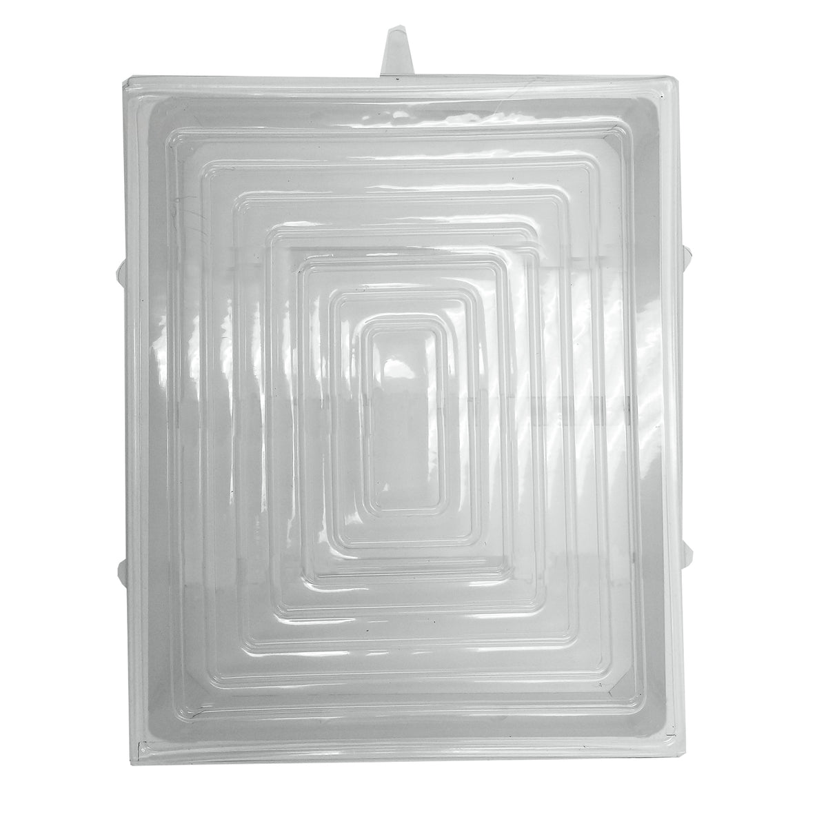 A clear, rectangular TableCraft 10777 plastic tray with multiple tiers descends inward, creating a stepped pattern. Viewed from above against a white background, it showcases a symmetric and geometric design.