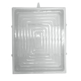 A clear, rectangular TableCraft 10777 plastic tray with multiple tiers descends inward, creating a stepped pattern. Viewed from above against a white background, it showcases a symmetric and geometric design.