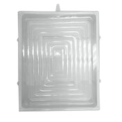 A clear, rectangular TableCraft 10777 plastic tray with multiple tiers descends inward, creating a stepped pattern. Viewed from above against a white background, it showcases a symmetric and geometric design.