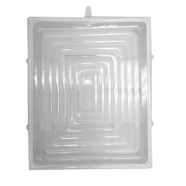A clear, rectangular TableCraft 10777 plastic tray with multiple tiers descends inward, creating a stepped pattern. Viewed from above against a white background, it showcases a symmetric and geometric design.