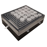 A black rectangular box with a clear, stackable silicone crate cover featuring circular compartments and small ventilation holes. The lid has multiple layers in a stepped, spiral effect, plus two small clear tabs for easy opening.