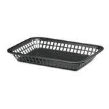 A black, rectangular Grande Platter Basket with open grid sides and base. The basket has slightly rounded corners, a smooth, raised rim, and is microwave safe. It is empty and placed on a white background.
