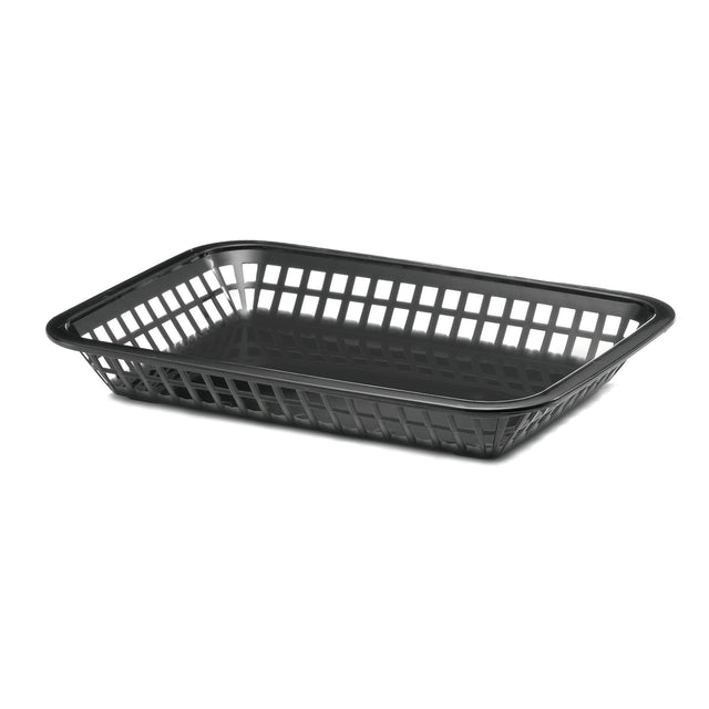 A black, rectangular Grande Platter Basket with open grid sides and base. The basket has slightly rounded corners, a smooth, raised rim, and is microwave safe. It is empty and placed on a white background.