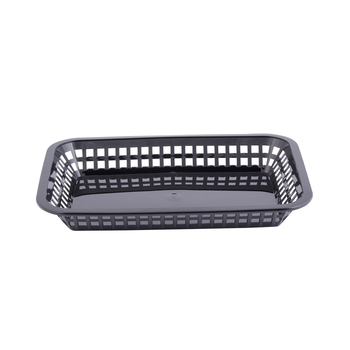 A rectangular, black plastic Grande Platter Basket with grid-like perforated sides and a solid base, shown empty against a plain white background. This microwave safe basket has rounded corners and is ideal for holding or serving items.