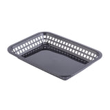 A black, rectangular microwave safe basket with open grid sides and a solid bottom, photographed on a white background. The Grande Platter Basket has slightly rounded corners and is empty.