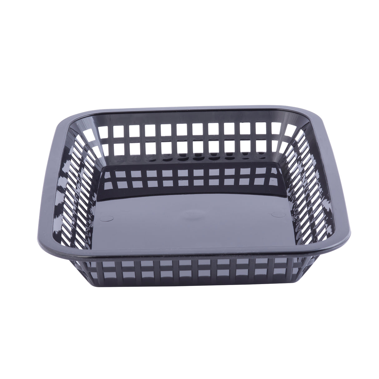 A black, square-shaped plastic basket with open grid sides and bottom, shown on a white background. This microwave safe basket is empty and perfect for holding or organizing small items in your kitchen or office.