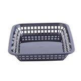A black, square-shaped plastic basket with open grid sides and bottom, shown on a white background. This microwave safe basket is empty and perfect for holding or organizing small items in your kitchen or office.