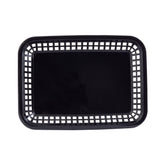 Rectangular black plastic Grande Platter Basket with a solid flat base and open grid lattice sides. This empty, microwave safe basket is photographed from above against a white background.