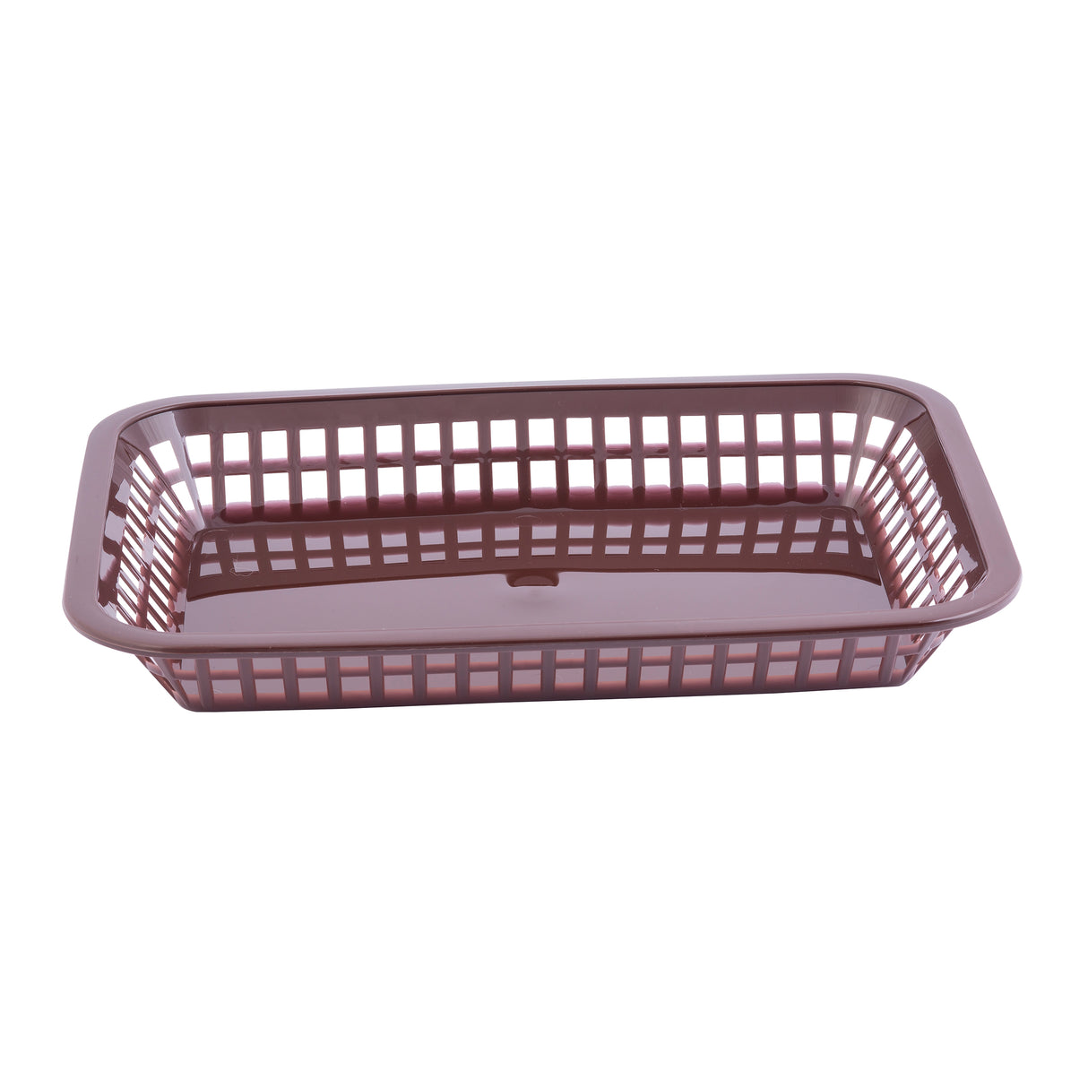 A rectangular, brown plastic Grande Platter Basket with a grid-like pattern of square holes on the sides and base, set against a plain white background. This dishwasher safe basket features slightly flared sides and rounded corners.