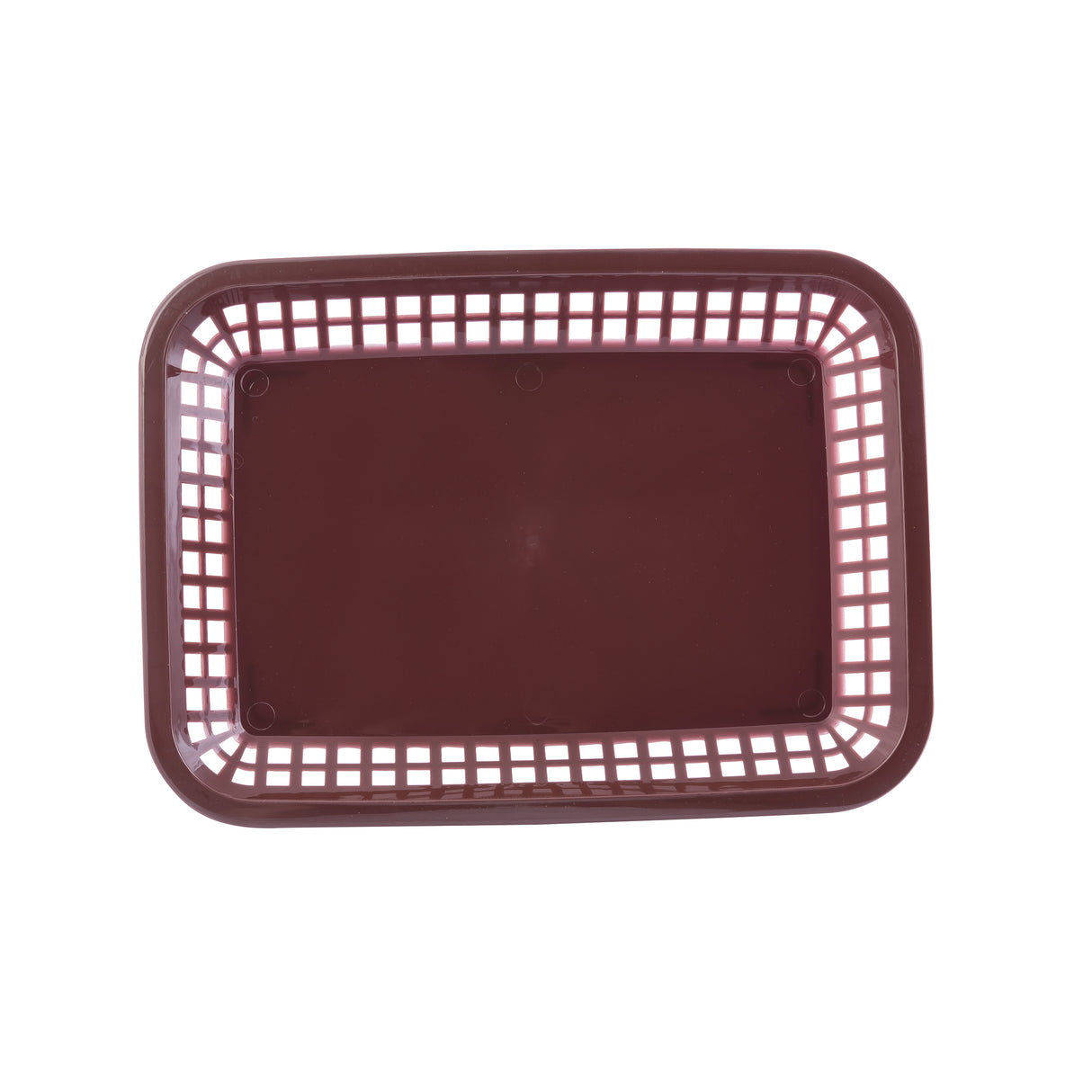 Rectangular brown Grande Platter Basket with a solid base and open grid-like sides, viewed from above on a white background. Dishwasher safe, simple in design, and ideal for holding small items.