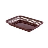 A rectangular, brown plastic Grande Platter Basket with a grid pattern on the sides and a solid base. Shallow with slightly curved edges, this heat resistant platter basket is photographed against a plain white background.