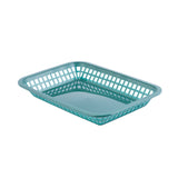 A rectangular teal Grande Platter Basket with a solid base and grid-patterned, ventilated sides. This microwave safe platter features rounded edges and is empty, placed on a plain white background.