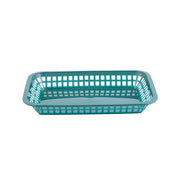 A rectangular, teal plastic Grande Platter Basket with a grid-like pattern of square holes on the sides and base, set against a plain white background. This heat resistant basket is both functional and stylish.