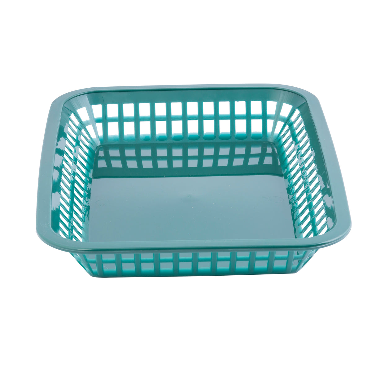 A green Grande Platter Basket with a square shape, open grid sides, and a solid, slightly glossy bottom. This heat resistant basket is empty and photographed against a plain white background.