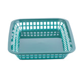 A green Grande Platter Basket with a square shape, open grid sides, and a solid, slightly glossy bottom. This heat resistant basket is empty and photographed against a plain white background.