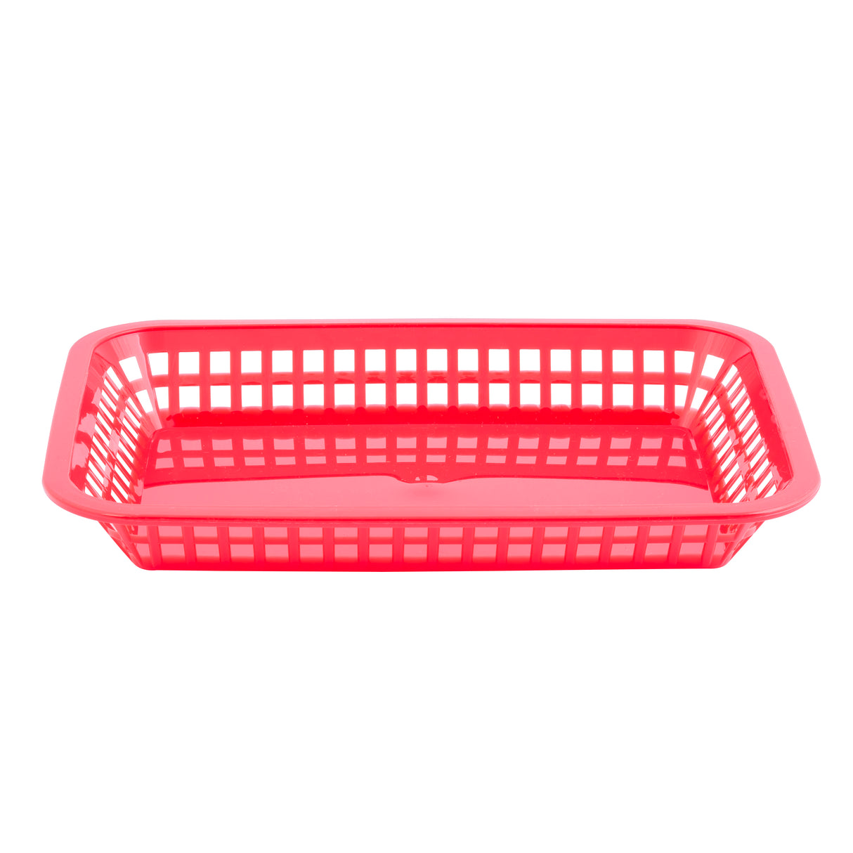 A rectangular, bright red Grande Platter Basket with a grid-like, open lattice design on the sides and bottom. The basket sits on a white background and is empty, clearly showing its structure and shape. Dishwasher safe for easy cleaning.