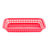 A rectangular, bright red Grande Platter Basket with a grid-like, open lattice design on the sides and bottom. The basket sits on a white background and is empty, clearly showing its structure and shape. Dishwasher safe for easy cleaning.