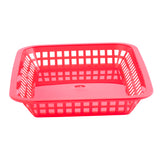 A bright red, square plastic dishwasher safe basket with open grid sides and a solid base, viewed from a high angle on a white background. The empty Grande Platter Basket is perfect for serving food or holding small items.