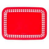A bright red, rectangular Grande Platter Basket with rounded corners and open square grid sides, shown from above on a white background. This dishwasher safe basket is empty and features a glossy finish.
