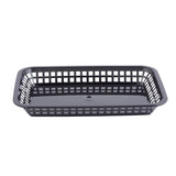A rectangular, black plastic Platter Basket with open grid sides and a solid base. There is a small circular hole in the center of the base. Heat resistant and Made in USA, the empty basket is pictured against a white background.