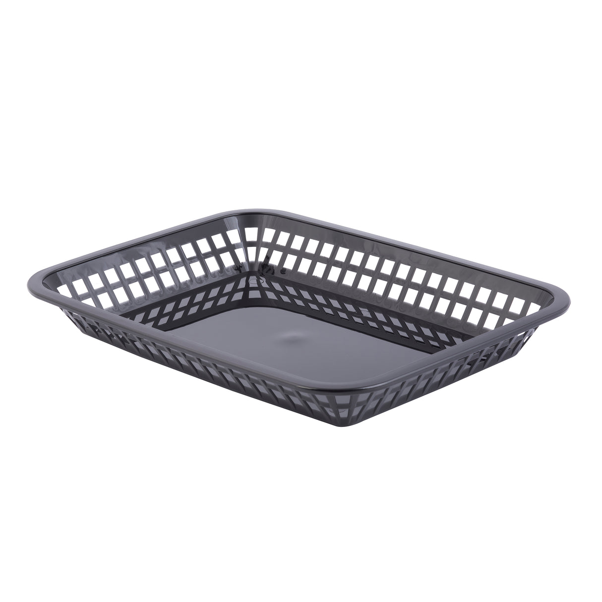 A rectangular, shallow Platter Basket with a grid pattern on the sides and a solid flat base, photographed on a white background. Made in USA, this black plastic basket has slightly rounded corners and is empty.