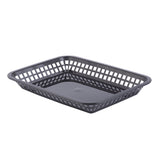 A rectangular, shallow Platter Basket with a grid pattern on the sides and a solid flat base, photographed on a white background. Made in USA, this black plastic basket has slightly rounded corners and is empty.