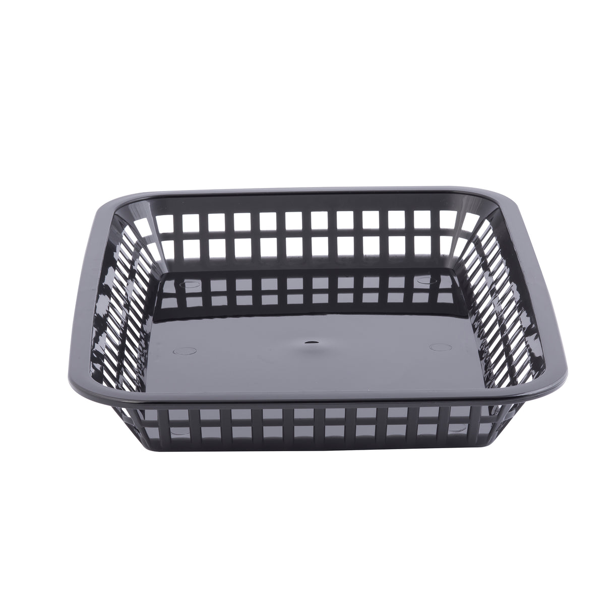 A square, black plastic platter basket with a grid-like, open-weave design on the sides and a solid flat base, shown on a white background. Heat resistant with slightly rounded edges, the basket is empty.