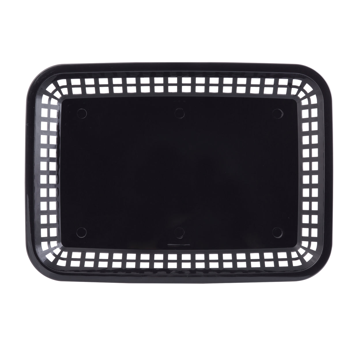 A black rectangular plastic platter basket with a grid-like pattern of square holes around the sides and a solid, flat bottom. Made in USA, this heat resistant basket is shown from above against a white background.