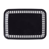 A black rectangular plastic platter basket with a grid-like pattern of square holes around the sides and a solid, flat bottom. Made in USA, this heat resistant basket is shown from above against a white background.