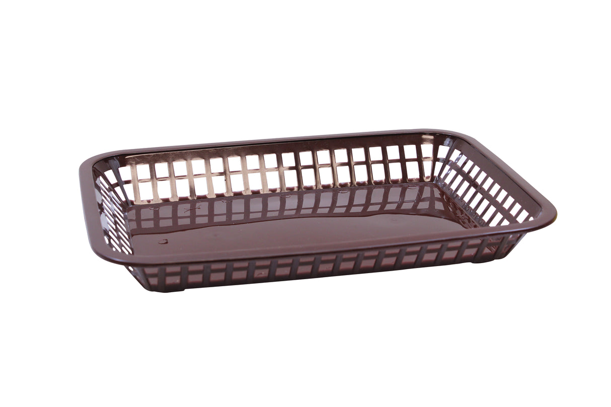 A rectangular, brown plastic platter basket with open slats on all sides and a solid base, shown on a white background. Heat resistant and dishwasher safe, it’s empty with slightly rounded corners, ideal for serving food or organizing small items.
