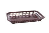 A rectangular, brown plastic platter basket with open slats on all sides and a solid base, shown on a white background. Heat resistant and dishwasher safe, it’s empty with slightly rounded corners, ideal for serving food or organizing small items.