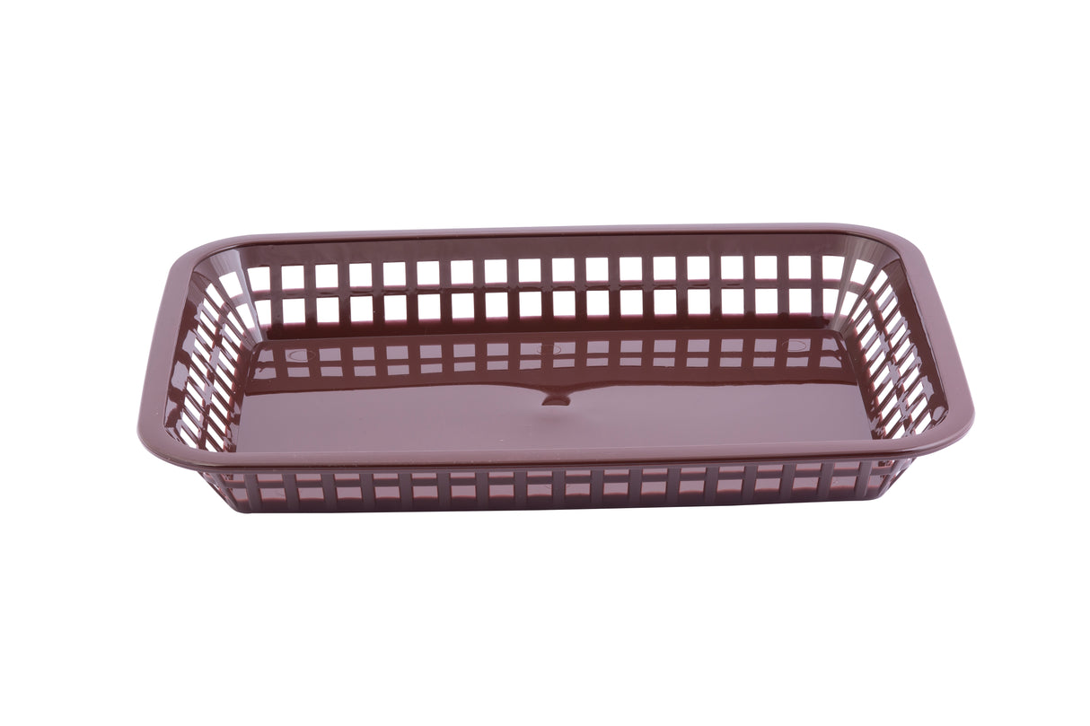 A rectangular, brown plastic platter basket with open grid sides and a solid base, photographed on a white background. The basket is empty, dishwasher safe, and ideal for general storage or organizing items.