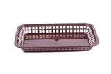A rectangular, brown plastic platter basket with open grid sides and a solid base, photographed on a white background. The basket is empty, dishwasher safe, and ideal for general storage or organizing items.