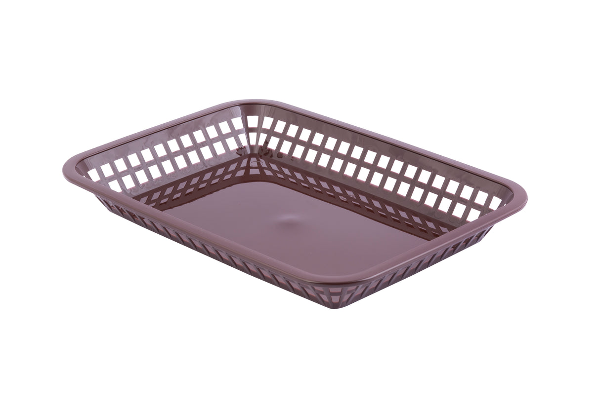 A rectangular brown plastic platter basket with a solid base and grid-patterned sides, shown empty and viewed at an angle on a white background. This shallow basket is dishwasher safe and ideal for serving or organizing small items.