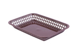 A rectangular brown plastic platter basket with a solid base and grid-patterned sides, shown empty and viewed at an angle on a white background. This shallow basket is dishwasher safe and ideal for serving or organizing small items.