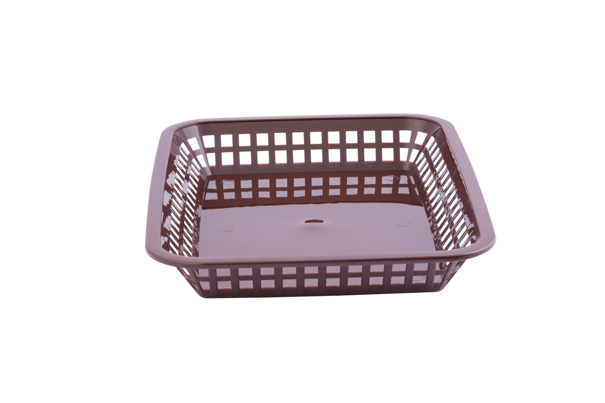A brown, square-shaped plastic platter basket with open grid sides and base, shown empty on a white background. Dishwasher safe, it features a single small hole in the center of the bottom.