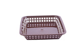 A brown, square-shaped plastic platter basket with open grid sides and base, shown empty on a white background. Dishwasher safe, it features a single small hole in the center of the bottom.