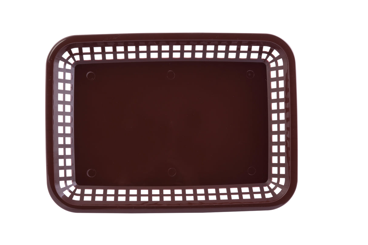 A rectangular, dark brown platter basket with a solid base and open-grid sides, viewed from above on a white background. The dishwasher safe basket features rounded corners and four small circular indentations on the bottom.