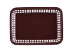 A rectangular, dark brown platter basket with a solid base and open-grid sides, viewed from above on a white background. The dishwasher safe basket features rounded corners and four small circular indentations on the bottom.