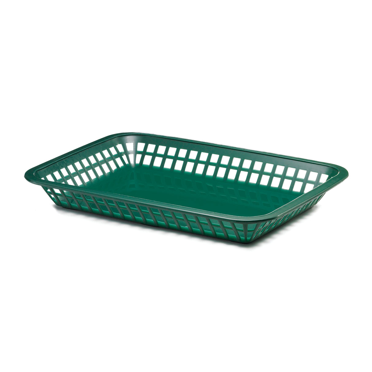 A green rectangular polypropylene platter basket with open grid sides and a solid base, set against a plain white background. The Más Grande Platter Basket is empty and positioned at an angle, showing depth and structure.