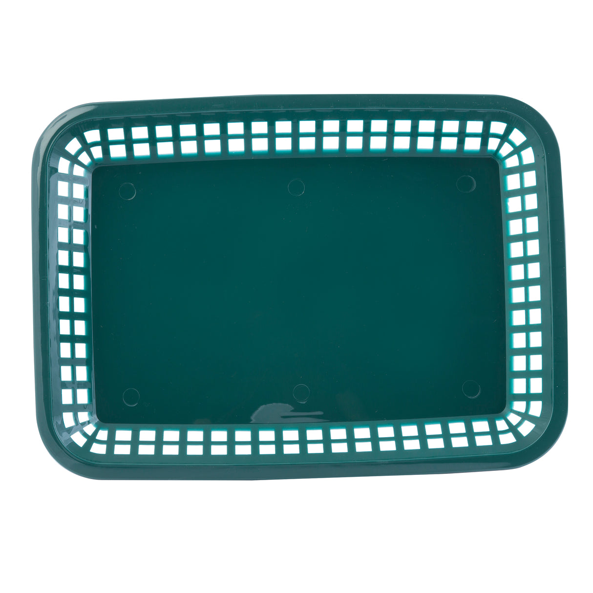A rectangular, dark green plastic platter basket with a solid base and open square grid sides, shown from above on a white background. The basket is empty, heat resistant, and has slightly rounded corners. Made in USA.