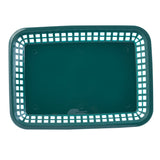 A rectangular, dark green plastic platter basket with a solid base and open square grid sides, shown from above on a white background. The basket is empty, heat resistant, and has slightly rounded corners. Made in USA.