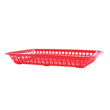 A rectangular, shallow, red plastic dishwasher safe platter basket with open grid sides and bottom, shown against a white background. Slightly flared edges make it perfect for serving fries or snacks at diners or casual restaurants.