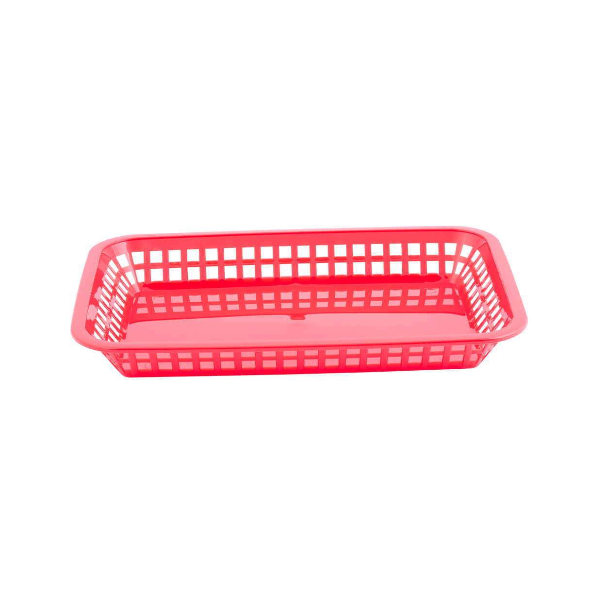 A rectangular, red Más Grande Platter Basket with open grid sides and a solid base, photographed on a white background. The empty basket features slightly rounded corners and is dishwasher safe.