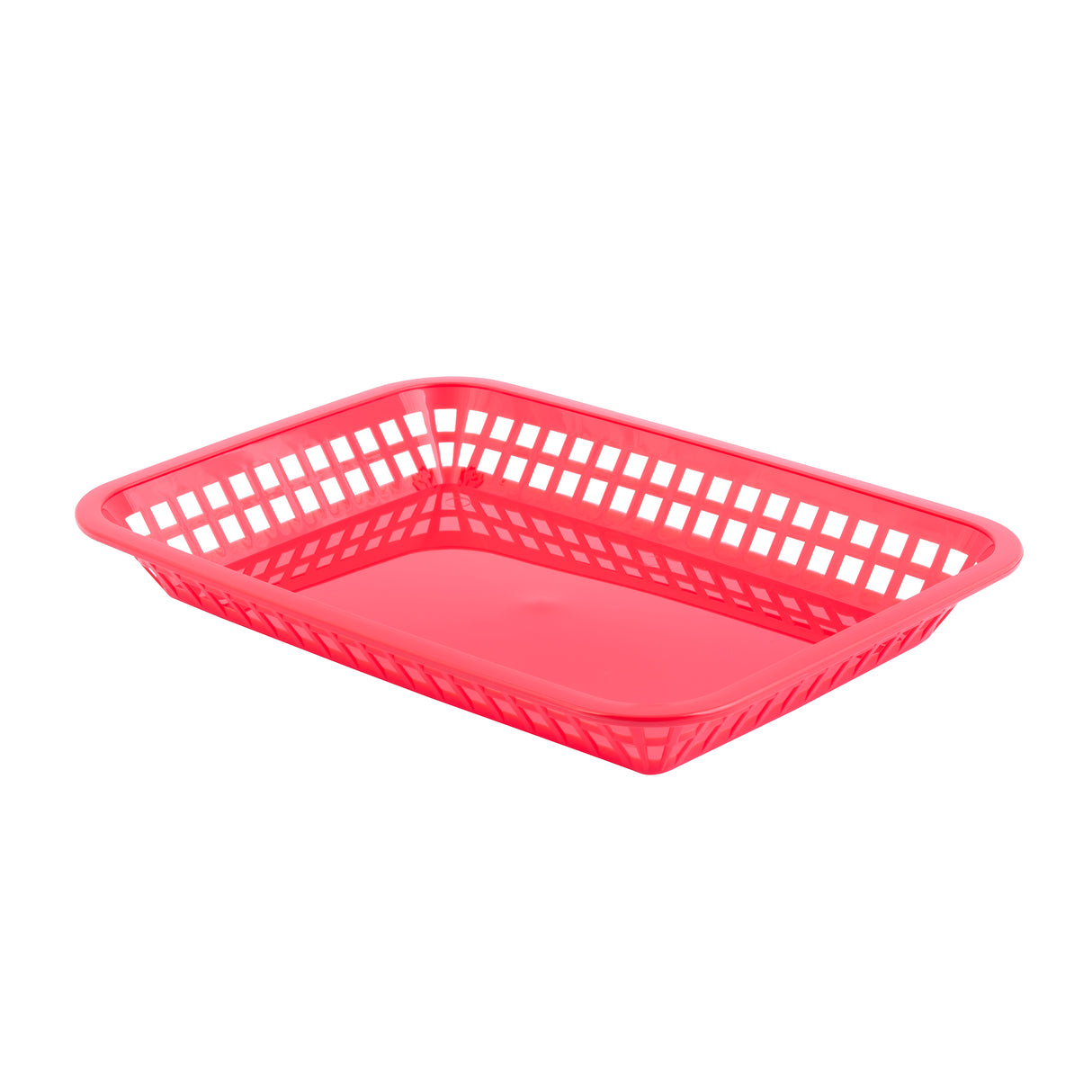 A rectangular, shallow, pink plastic dishwasher safe platter basket with a grid-patterned open design on the sides and a solid flat base, set against a plain white background.