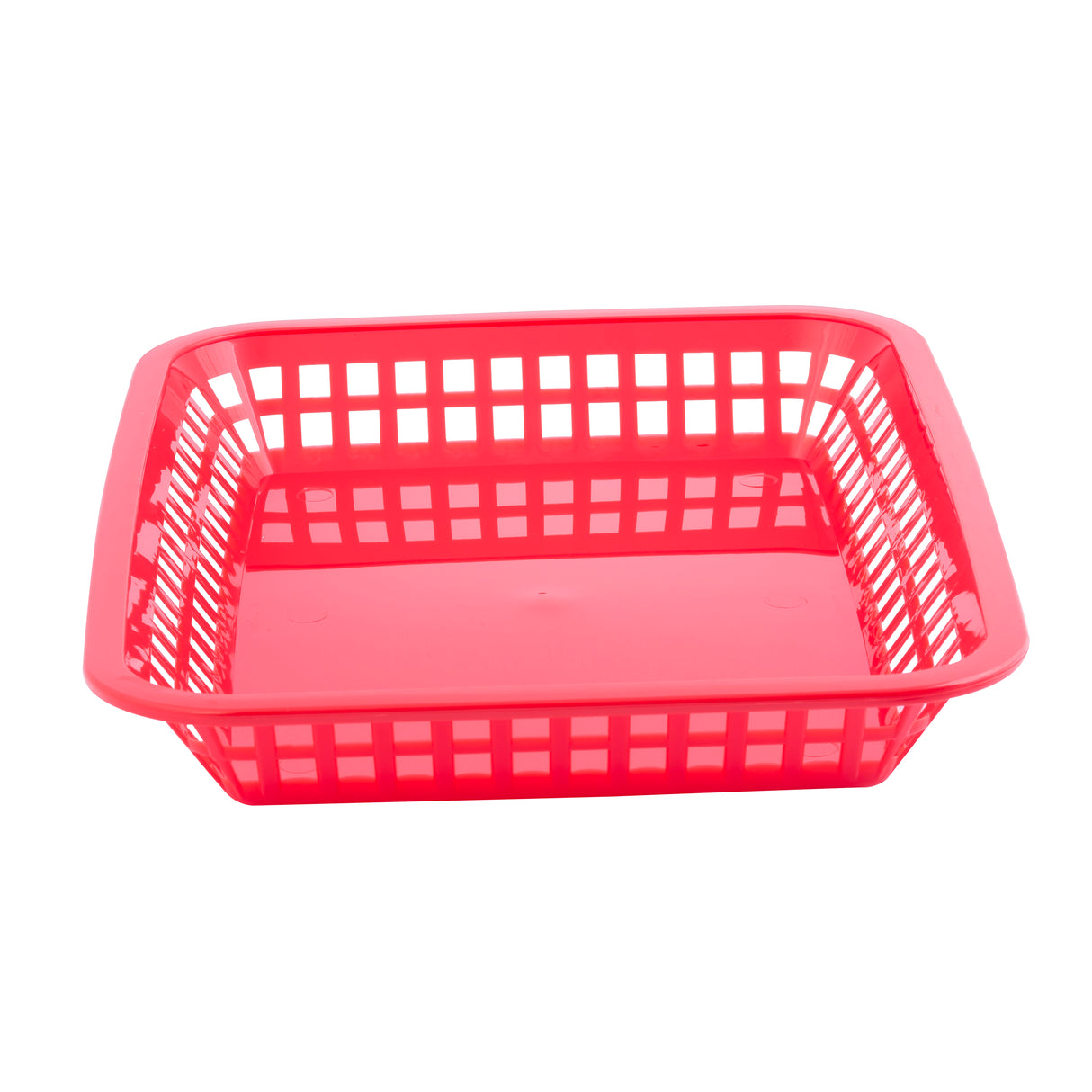 A bright red, square Más Grande Platter Basket with open grid-like sides and a solid base. The basket is empty and placed on a white background, highlighting its shallow depth and simple, functional design. Dishwasher safe and heat resistant.
