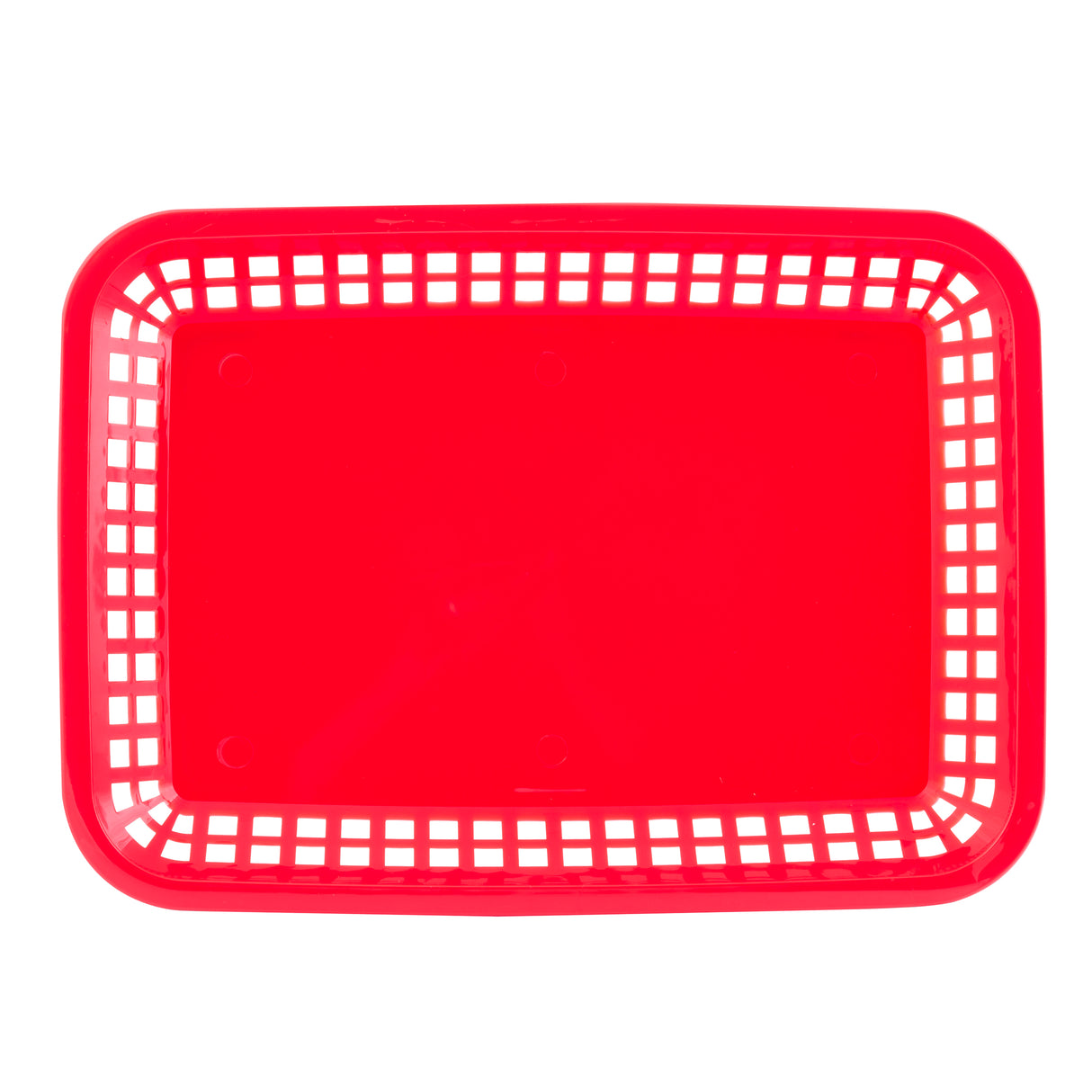 A bright red, rectangular Más Grande Platter Basket with a solid bottom and grid-like, open sides. The photo is taken from above, showing the empty, heat resistant platter basket against a white background.