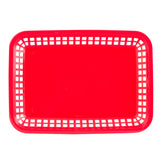 A bright red, rectangular Más Grande Platter Basket with a solid bottom and grid-like, open sides. The photo is taken from above, showing the empty, heat resistant platter basket against a white background.