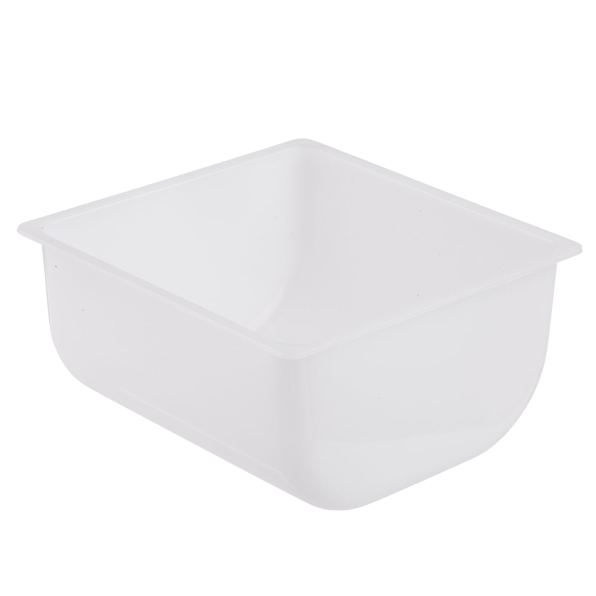 A rectangular, deep white plastic tub or basin with smooth sides and rounded bottom edges, shown on a plain white background. Perfect as a garnish holder, it is empty and slightly angled, revealing both the interior and exterior.
